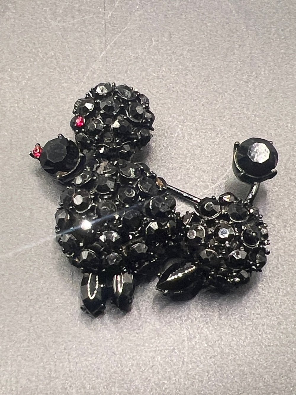 Vintage Capri Black Crystal Poodle Brooch with Red Accent